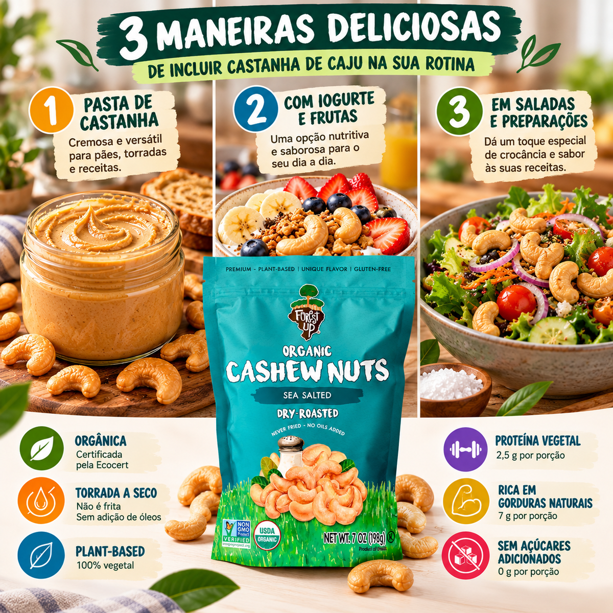 Castanha de Caju Orgânica Com sal Marinho - 198g Torrada sem Adição de Óleo